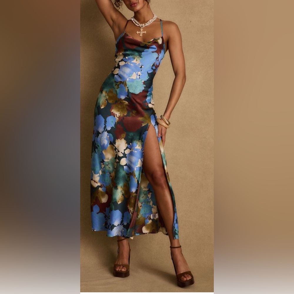 Floral Satin Maxi Dress with Side Slit